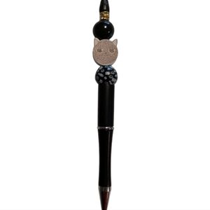 Hand Crafted Cat Pen Black Brown Paws Beads  Twist Ballpoint NEW H-023